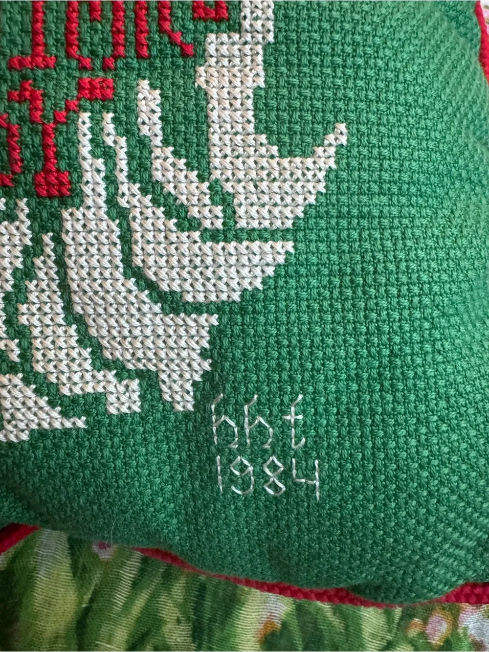 Vintage Holiday Green Santa Cross-Stitch Pillow - Christmas Joy